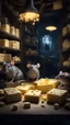Placeholder: Si-Fi, The permanent under atmospheric lighting effects, a whole tables and shelves filled with all kind of cheese blocks .in the middle two rats are eating, intricate historical moody atmosphere, eerie grimdark ambiance, complex motherboard accents, speculative fiction art. Bokeh