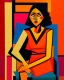 Placeholder: painting of a tired woman sitting on a chair, cubist vibe, sleeveless, oilpaint, variations around female, scarlet and orange blast color dynamics, 1970s philippines, family portrait,centre composition, viet aspect