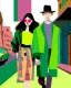 Placeholder: whimsical arafed nonsense, patchwork vibe, a young woman and a young man are strolling down a rainy whimsical downtown street with their arms linked, (((exaggerated body parts))), (((oversize head))), sharp color contrasts, amazing shadows, (((exaggerated limbs and head))), minimal cozy, warm palette, bright bold warm summer green yellow orange black colors, color leak, heavily distorted views, amazing parallels