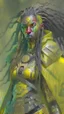 Placeholder: A woman has tanned skin, yellow eyes and black dreads. Her face show her superiority in the eyes of others. She is dressed in an armor with a few pieces of yellow and green cloak sticking out.