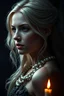 Placeholder: Portrait of a warrior woman, blue eyes, light blonde hair, dove symbol, dark, candlelight, glow, queen, side view, evil, dark, pearls around neck,