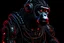 Placeholder: full view of a realistic cyberpunk style geometric robotic gorilla in 3/4 view wearing rectangular goggles and a high tech cybersuit with various wires lights and doodads made of reflective black plastic rusted metal and refuse looking up into the sky in harsh high contrast lighting from the top right