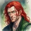 Placeholder: dnd, fantasy, watercolour, large strokes, stylistic, portrait, illustration, dull colours, male, face, narrow long face, weathered face, green eyes, determined, smiling, red hair, very long hair streaming down the shoulders, lush hair, radiating light, five o'clock shadow, elegant, short small mouth