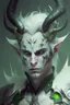 Placeholder: Demonio hombre de piel blanca hermoso con cuernos pequeños y armadura negra y verde