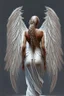 Placeholder: full body woman angel from back wings coming from her back, bun haired angel wearing long tunic ultra realistic