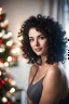 Placeholder: Christmas AT HOME, beautiful woman with black curly hair, blurred background, backlight