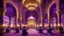 Placeholder: Hyper Realistic Photographic-View of lots of Muslim-Men praying inside a Massively-Huge-Beautifully-Crafted-Purple-&-Golden Wall-Mosque with detailed-pillars & Garland-Light-Decorations-&-Lamps with dramatic-&-Cinematic-Ambiance at night.