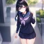 Placeholder: Clear focus, High resolution, Long fluffy black hair, Purple eyes, Wearing a sailor uniform, must be wearing a short skirt