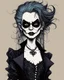 Placeholder: Maurice Sendak, Edward Gorey, and Ralph Steadman style, close up, full body, caricature portrait illustration, of a gothpunk vampire girl, with highly detailed hair and facial features, precisely drawn and inked in vibrant chromatic color