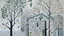 Placeholder: Light gray foggy treetops with birdhouses designed in ancient Greek mosaics painted by Henri Matisse