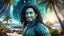 Placeholder: beautiful gorgeous young man na'vi with long hair, Avatar, blue skin, two small ears, green eyes, black hair, in cosmic suit, galactic ambiance, medium pointy goatee , smiling, with spaceship and planets and palm trees and clear crystaline cosmic beach in background