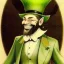 Placeholder: portrait of elf man,, beard,top hat,elegant gold and green suit,smiling, by Jean Baptiste Monge