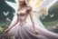 Placeholder: castle in background, beautiful, soft, big smiling, straight and long blonde hair, dewy and shiny atmosphere, diamond crown, long fairy wings in the back, full head, pink veil clothes