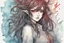 Placeholder: a close-up headshot of a woman with long brown hair, red eyes, sharp teeth, scales, pointed ears, beautiful monster, intricately detailed, colored sketchy manga style, splotchy watercolor background