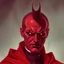 Placeholder: a sinister figure wearing a red suit with a red tie and a priest's clerical collar with no face and dirty slicked back hair