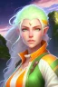 Placeholder: fantasy setting, woman ranger traveler with orange and white hair, pastel green eyes, kind, soft facial traits