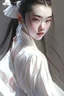 Placeholder: The young and beautiful Chinese girl, 18 years old, is wearing a white transparent Hanfu with a martial arts style. from a back perspective bending forward, portrait photography by artgerm, Super photoreal, full body, Smile, Athlete figure, Professional k-pop idol, Drooping eyes, Perfect eyes, Cute, Sweat, sweaty skin, wet skin, 3d, superphotoreal, hyperreal, photorealistic, global illumination,