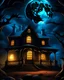 Placeholder: Generate a high-resolution, photo-realistic image showcasing a spooky Halloween scene. Feature a haunted house with eerie details in the background, and two pumpkins stacked in the foreground, the top one carved and glowing. Include a haunted skeleton emerging from the shadows near the pumpkins. Above the scene, a large, glowing blue moon illuminates several bats flying across the sky. The composition should capture the vibrant and chilling atmosphere of Halloween.