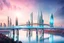 Placeholder: Dreamlike Skyline of Downtown futuristic hightech city in 4050 and a stunning futuristic Bridge During with dark grey clouds in sky, over the azur-silver color river, cold colors, come storm, high detalied, sci-fi, landscape