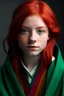 Placeholder: A girl with red hair and green eyes and she is wearing a Hogwarts robe