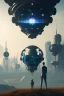 Placeholder: projection of an AI head hovering over an cyberpunk landscape in the distance, a small human walking towards the head, high quality, 4k resolution, high details