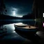 Placeholder: an empty rowboat on a lake between the sun and the moon , night time, forest in background, photo quality