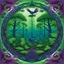 Placeholder: realistic image like a photo of Indian mandala of forest. on first plan ferns, behind roots, tress, flying birds. all in purple green colours