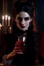 Placeholder: 4k full details full lights femme vampire, yeux rouges, tient un verre de vin en main avec du sang, style victorien