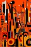 Placeholder: A dark orange color metropolis made out of jazz instruments painted by Stuart Davis