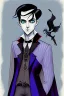 Placeholder: black haired blue eyed young man necromancer wizard with gothic jewelry in the style of charles addams