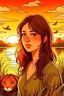 Placeholder: girl, brown hair, brown eyes, sunset, nature in the background with animals, handdrawn, river