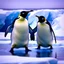 Placeholder: Here is my attempt to generate an image based on your detailed prompt: An expansive, cinematic 24K image of two emperor penguins wearing large black headphones and dancing joyfully on a floating circular ice platform in choppy, stormy Antarctic waters. The penguins are shown mid-step, wings outstretched, heads bobbing to the beat. Jagged shards of blue ice jut out dangerously from the dark waves crashing against the icy stage. In the background, the sky is filled with moody shades of scarlet an