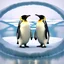 Placeholder: Here is my attempt to generate an image based on your detailed prompt: An expansive, cinematic 24K image of two emperor penguins wearing large black headphones and dancing joyfully on a floating circular ice platform in choppy, stormy Antarctic waters. The penguins are shown mid-step, wings outstretched, heads bobbing to the beat. Jagged shards of blue ice jut out dangerously from the dark waves crashing against the icy stage. In the background, the sky is filled with moody shades of scarlet an