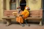 Placeholder: Half parrot half human in a 1700s Orange Dutch uniform siting on a bench in a Dutch city eating a loaf of bread