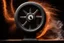 Placeholder: dark background. billowing white smoke (front, spiraling from bottom right side and across), lighting bolt (back, middle from left to right), orange metal sparks (spray across) from grinder wheel(bottom right). energetic