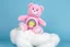 Placeholder: overstuffed white plushie stuffed toy clouds, a vintage pink care-bear(cheer bear) plush with tummy symbol(Rainbow) sitting on top of the cloud, blue background