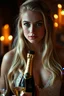 Placeholder: Dark powered princess Dayana blonde hair and dark blue eyes with bottle of champagne, dark background with dim candles