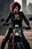 Placeholder: vampire girl showing fangs with short cropped cyberpunk hair riding a cafe racer motorcycle in a post apocalyptic wasteland at dawn