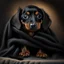 Placeholder: Disney style picture of a black and tan short hair dachshund puppy of 7 months. wrapped up in a blanket, more black than tan