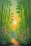 Placeholder: A lime green forest filled with flowers and bamboo trees in sunset , painted by Busch painting style ,