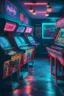 Placeholder: Beautiful pinball machines in a dark room with UV neon lights on the walls. Soft carpets on the floor, drinks in bottles and glasses on small tables