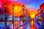 Placeholder: Sunset in the street, impressionism painting