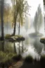 Placeholder: Circle pond, soft fog, with light breaking through, tall white birch trees, and a stone path flanking both sides of the pond going up to a gazebo, mystic fantasy genre