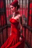 Placeholder: beautiful alluring tattooed female vampiress in thin red dress standing on top of the gothic cathedral top view. Luis Royo, Steve Hanks, hyper-detailed, hyperrealistic, digital art, detailed background, dark fantasy, cinematic, vibrant pastel colours