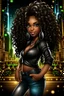 Placeholder: Create a digital airbrush cartoon of an African American female wearing a black jean outfit with timberland boots. Prominent make up with hazel eyes. She is wearing large diamond hoop earrings. Extremely highly detailed very long curly hair that shines. Background of a night club.