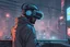 Placeholder: a man with a complex VR helmet connected to wires, cyberpunk, window at the city, fog, hovering cars, comic book art style, night time,