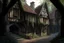 Placeholder: large medieval gothic, wooden inn, with a balcony, next to a cobbled road, in a wood, dense foliage, photo-realistic