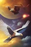 Placeholder: Eagle is flying in the space and is holding the earth in his claws.