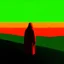 Placeholder: distant hooded figure. red gold and green landscape.