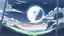 Placeholder: giant half transparent virtual moon, glitchy, blurry, maximum quality, centered on frame, far view, in the middle of a grassy hill, white sky with cumulonimbus, manga, makoto shinkai style